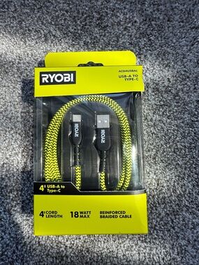 Ryobi yellow/neon USB-A to USB-C Braided Charging Cable - 4'
